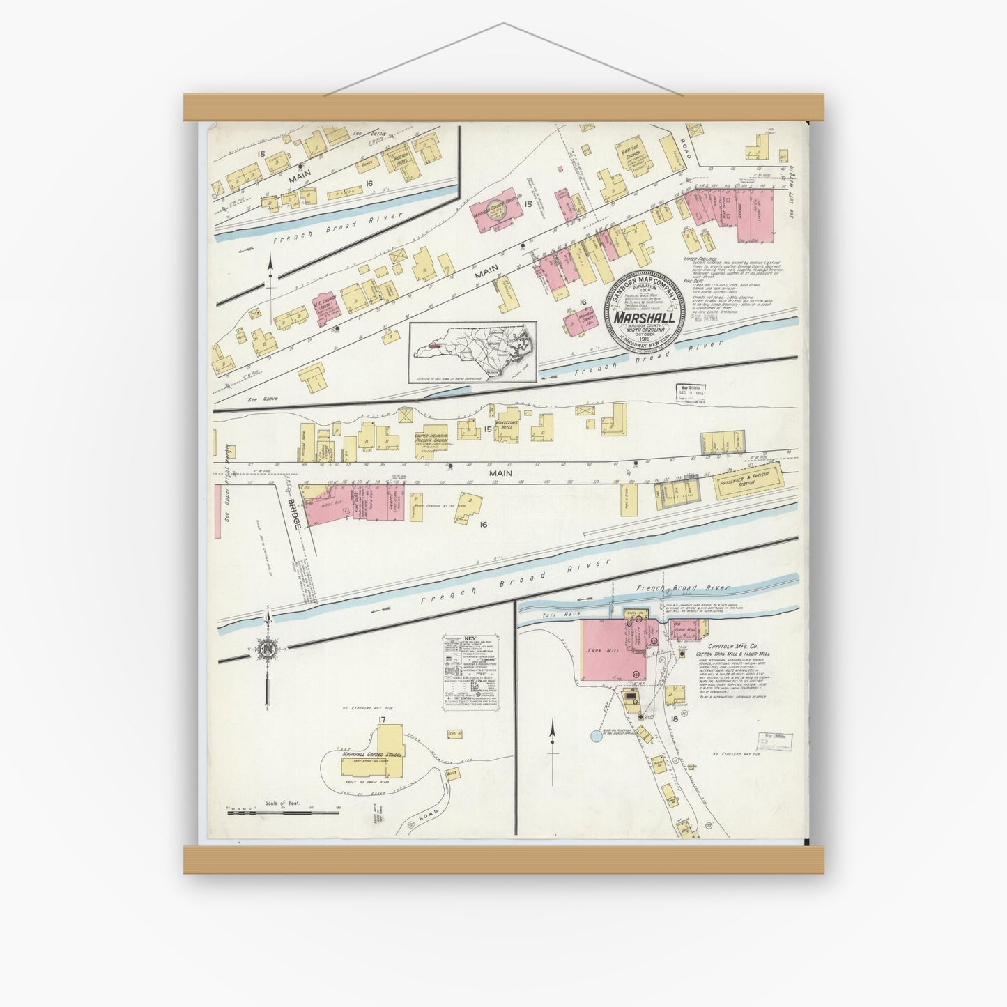 Old map wall art mockup — magnetic wood frame on white wall — Sanborn Fire Insurance Map from Marshall, Madison County, North Carolina (1916), Sheet #0001