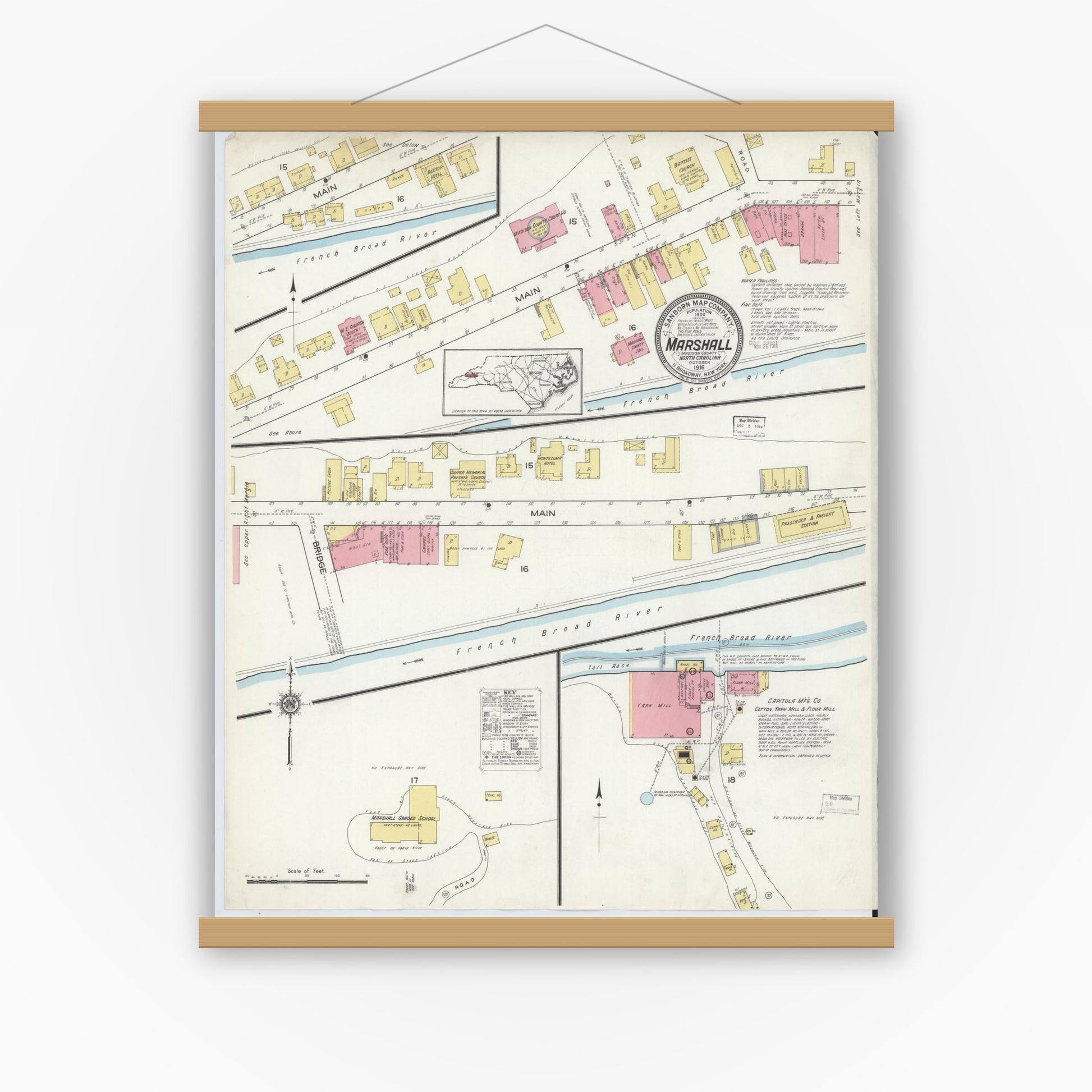 Old map wall art mockup — magnetic wood frame on white wall — Sanborn Fire Insurance Map from Marshall, Madison County, North Carolina (1916), Sheet #0001