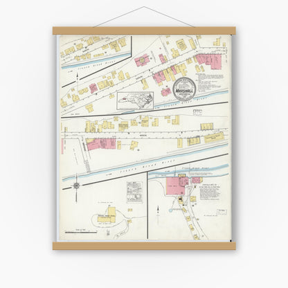 Old map wall art mockup — magnetic wood frame on white wall — Sanborn Fire Insurance Map from Marshall, Madison County, North Carolina (1916), Sheet #0001