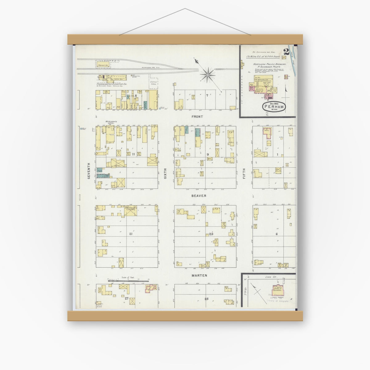 Old map wall art mockup — magnetic wood frame on white wall — Sanborn Fire Insurance Map from Perham, Otter Tail County, Minnesota (1895), Sheet #0002