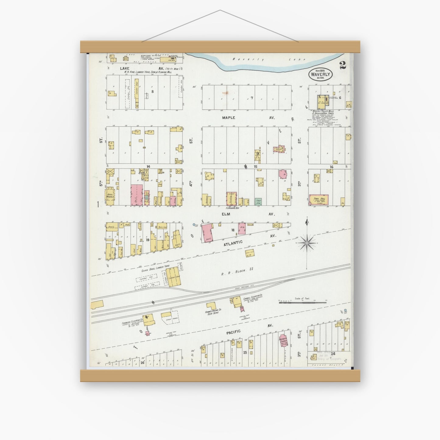Old map wall art mockup — magnetic wood frame on white wall — Sanborn Fire Insurance Map from Waverly, Wright County, Minnesota (1899), Sheet #0002