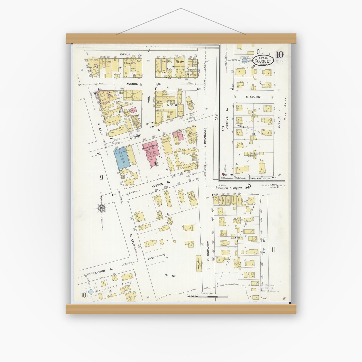 Old map wall art mockup — magnetic wood frame on white wall — Sanborn Fire Insurance Map from Cloquet, Carlton County, Minnesota (1911), Sheet #0010