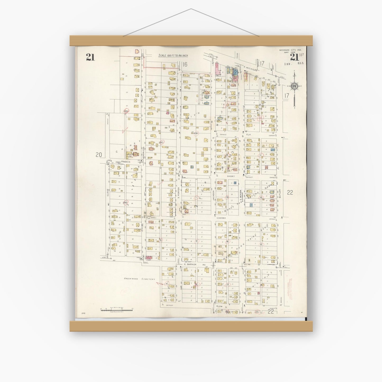 Old map wall art mockup — magnetic wood frame on white wall — Sanborn Fire Insurance Map from Michigan City, La Porte County, Indiana (1948), Sheet #0021