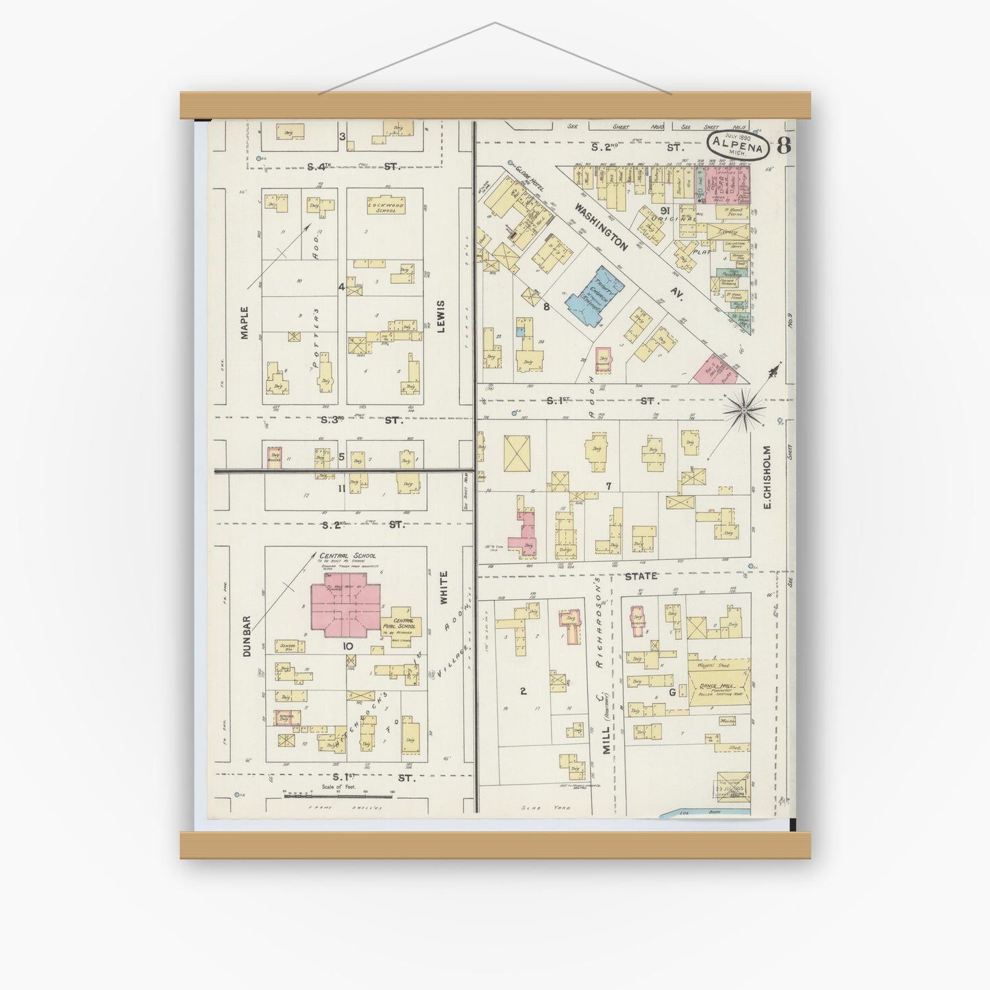 Old map wall art mockup — magnetic wood frame on white wall — Sanborn Fire Insurance Map from Alpena, Alpena County, Michigan (1890), Sheet #0008