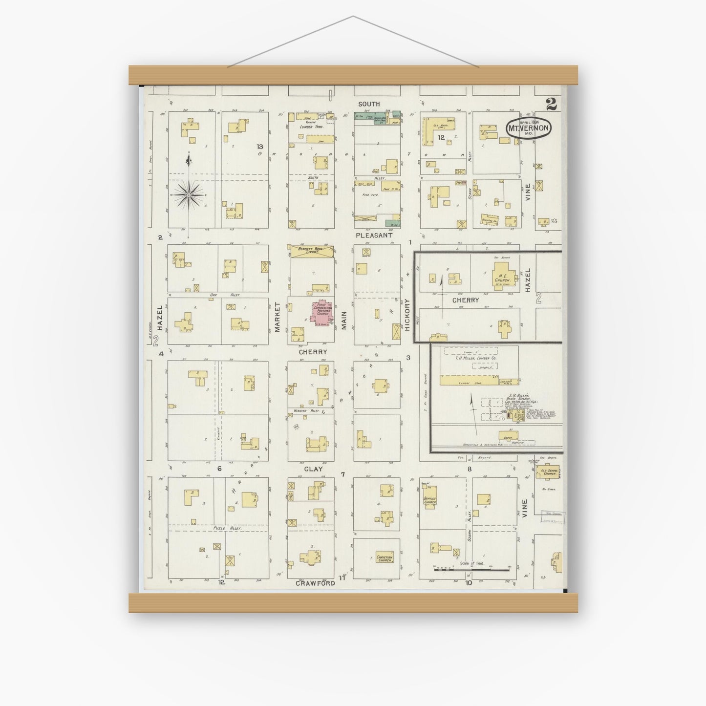 Old map wall art mockup — magnetic wood frame on white wall — Sanborn Fire Insurance Map from Mount Vernon, Lawrence County, Missouri (1894), Sheet #0002