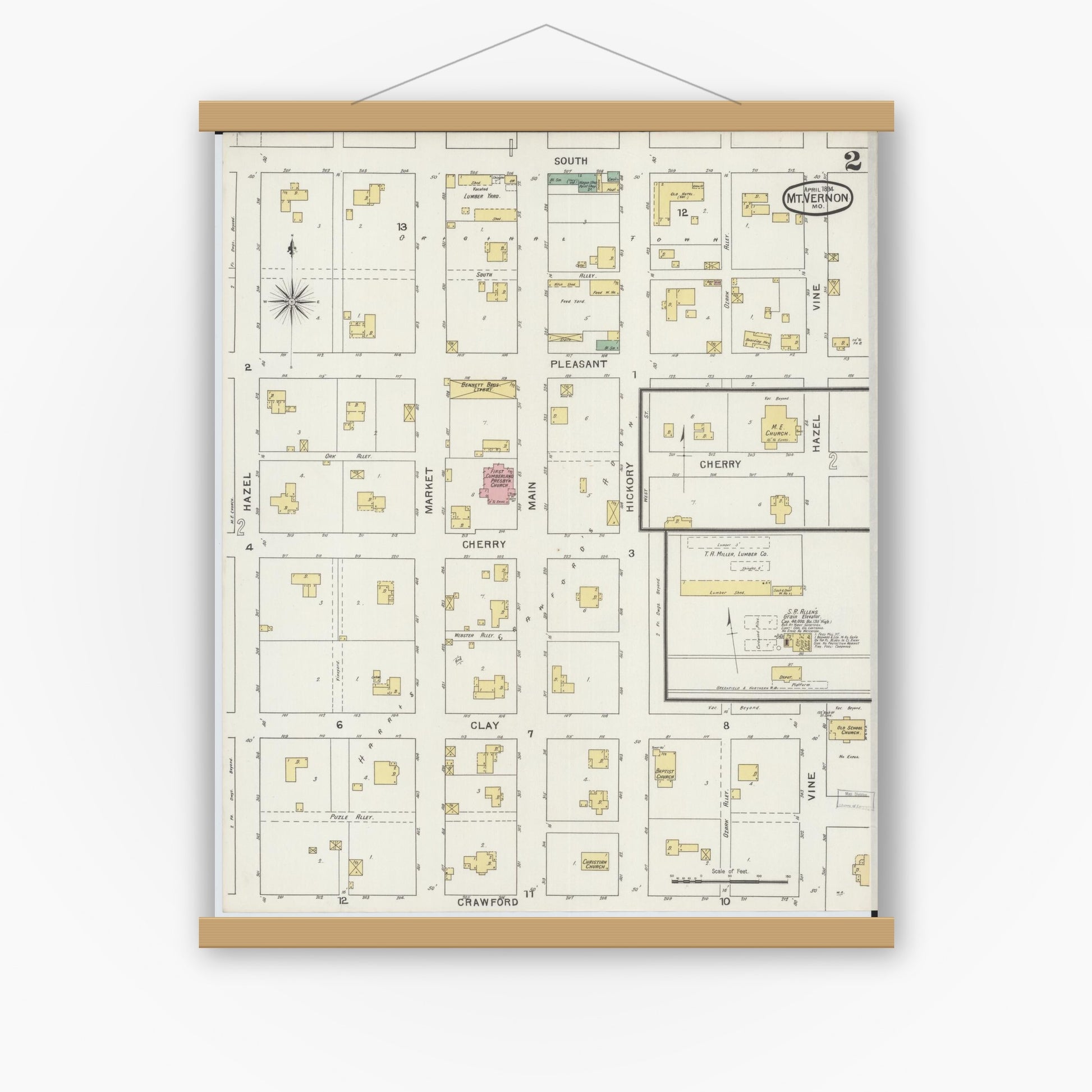 Old map wall art mockup — magnetic wood frame on white wall — Sanborn Fire Insurance Map from Mount Vernon, Lawrence County, Missouri (1894), Sheet #0002