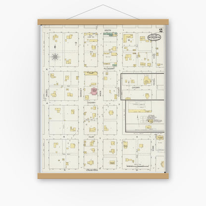 Old map wall art mockup — magnetic wood frame on white wall — Sanborn Fire Insurance Map from Mount Vernon, Lawrence County, Missouri (1894), Sheet #0002