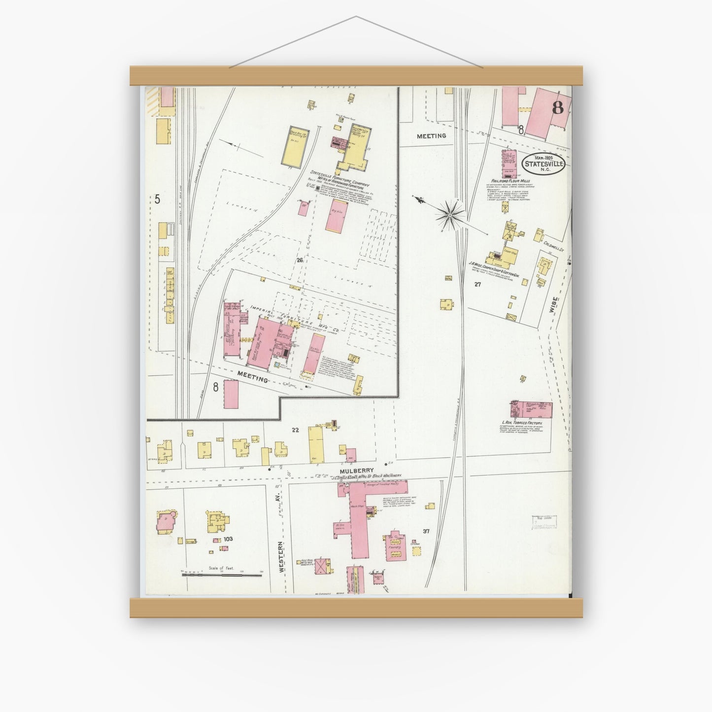 Old map wall art mockup — magnetic wood frame on white wall — Sanborn Fire Insurance Map from Statesville, Iredell County, North Carolina (1905), Sheet #0008