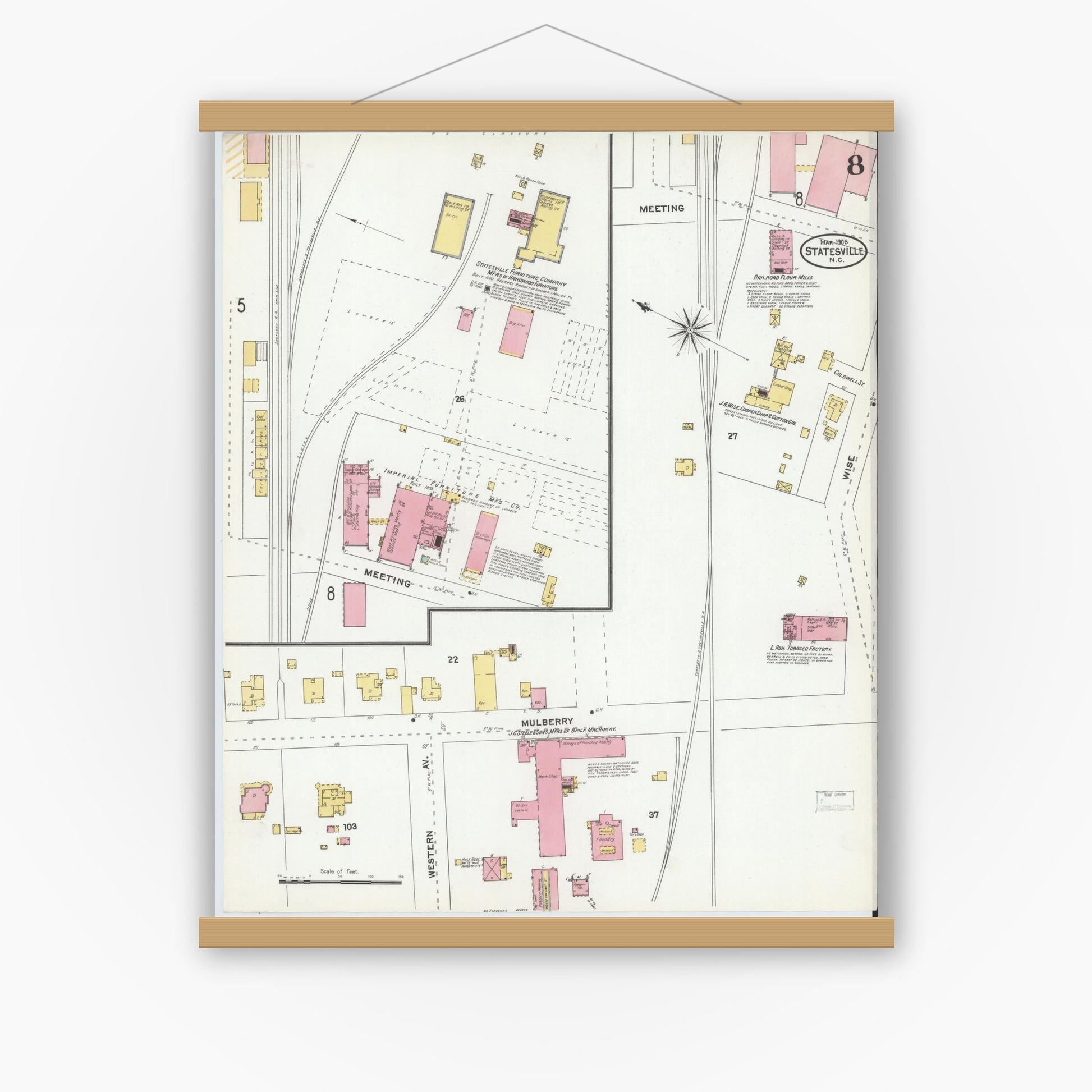 Old map wall art mockup — magnetic wood frame on white wall — Sanborn Fire Insurance Map from Statesville, Iredell County, North Carolina (1905), Sheet #0008