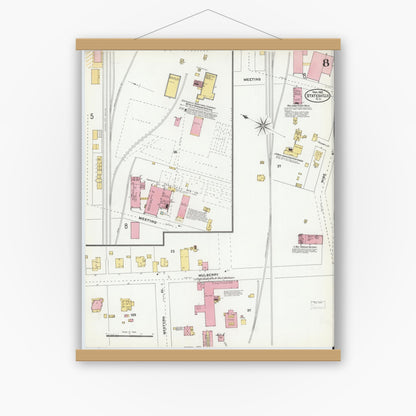 Old map wall art mockup — magnetic wood frame on white wall — Sanborn Fire Insurance Map from Statesville, Iredell County, North Carolina (1905), Sheet #0008