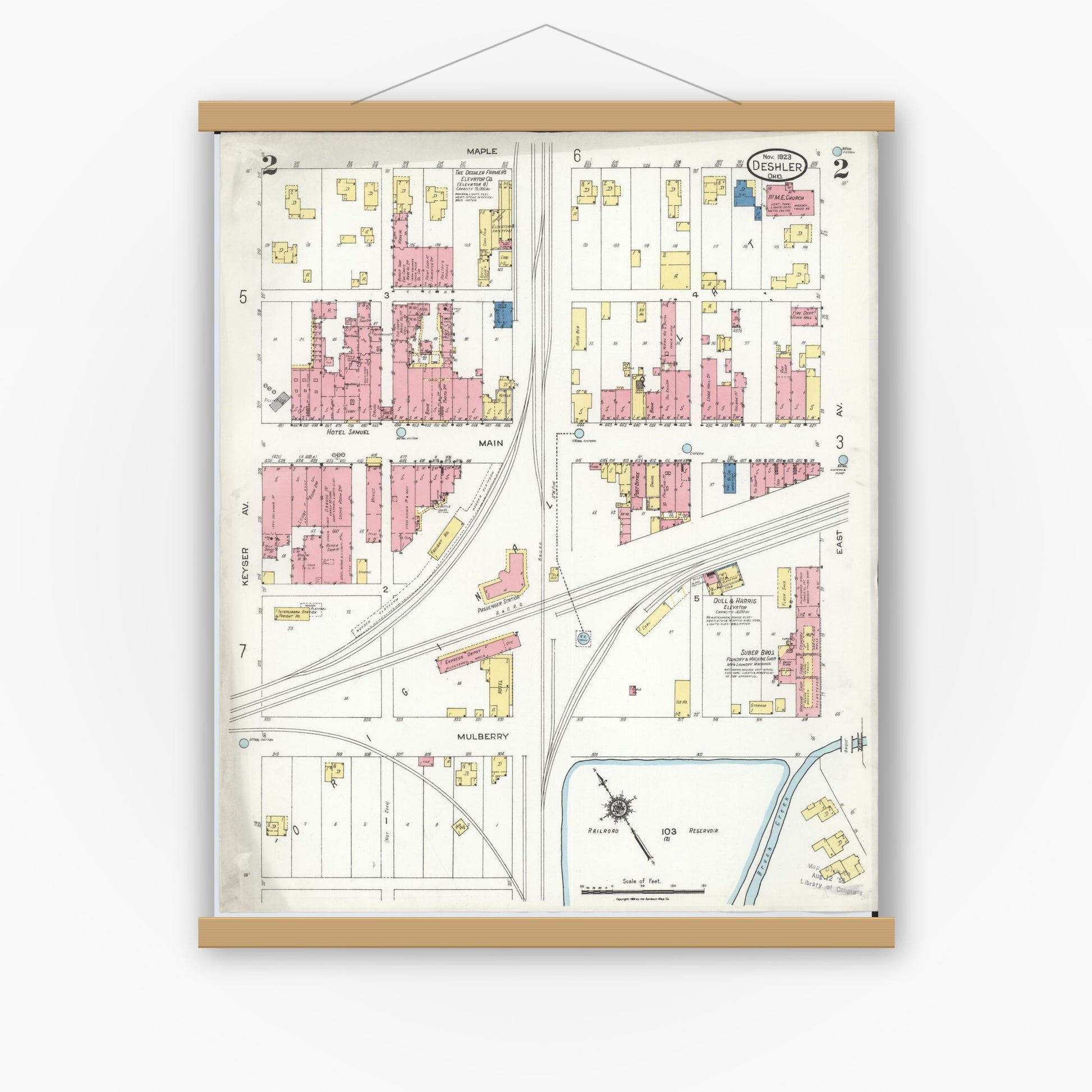 Old map wall art mockup — magnetic wood frame on white wall — Sanborn Fire Insurance Map from Deshler, Henry County, Ohio (1923), Sheet #0002
