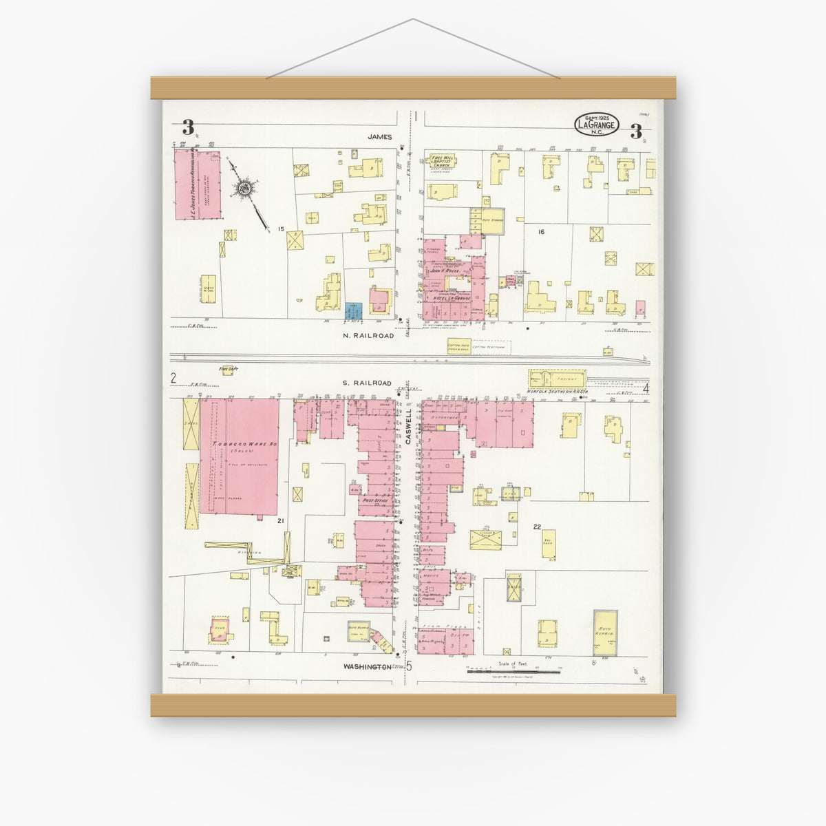 Old map wall art mockup — magnetic wood frame on white wall — Sanborn Fire Insurance Map from La Grange, Lenoir County, North Carolina (1925), Sheet #0003