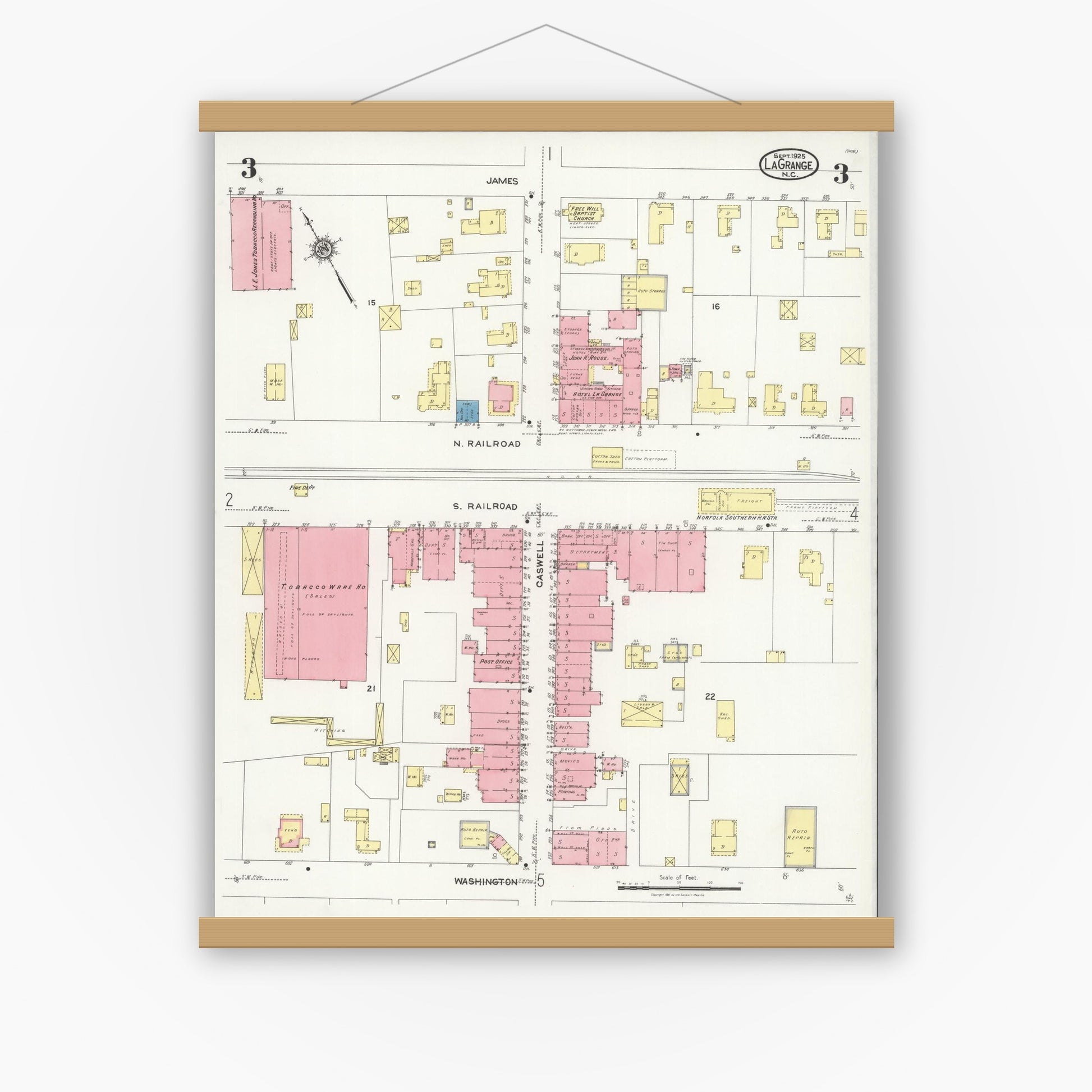 Old map wall art mockup — magnetic wood frame on white wall — Sanborn Fire Insurance Map from La Grange, Lenoir County, North Carolina (1925), Sheet #0003