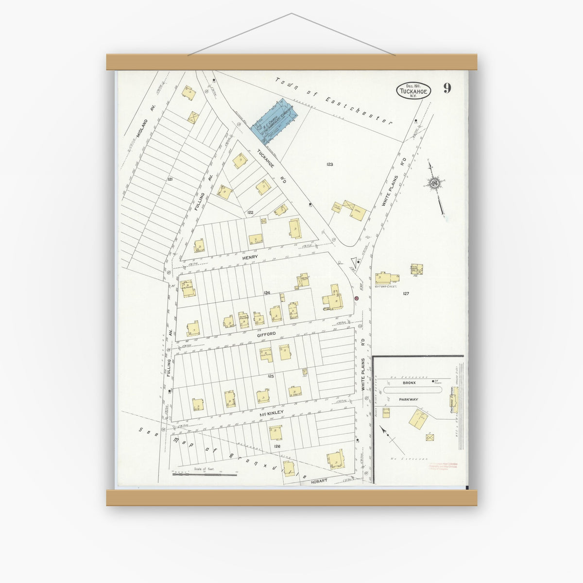 Old map wall art mockup — magnetic wood frame on white wall — Sanborn Fire Insurance Map from Tuckahoe, Westchester County, New York (1911), Sheet #0009
