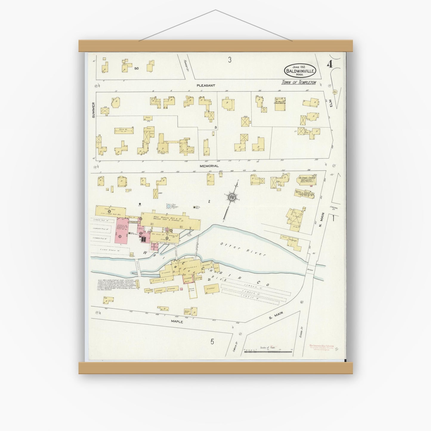 Old map wall art mockup — magnetic wood frame on white wall — Sanborn Fire Insurance Map from Baldwinville, Worcester County, Massachusetts (1912), Sheet #0004