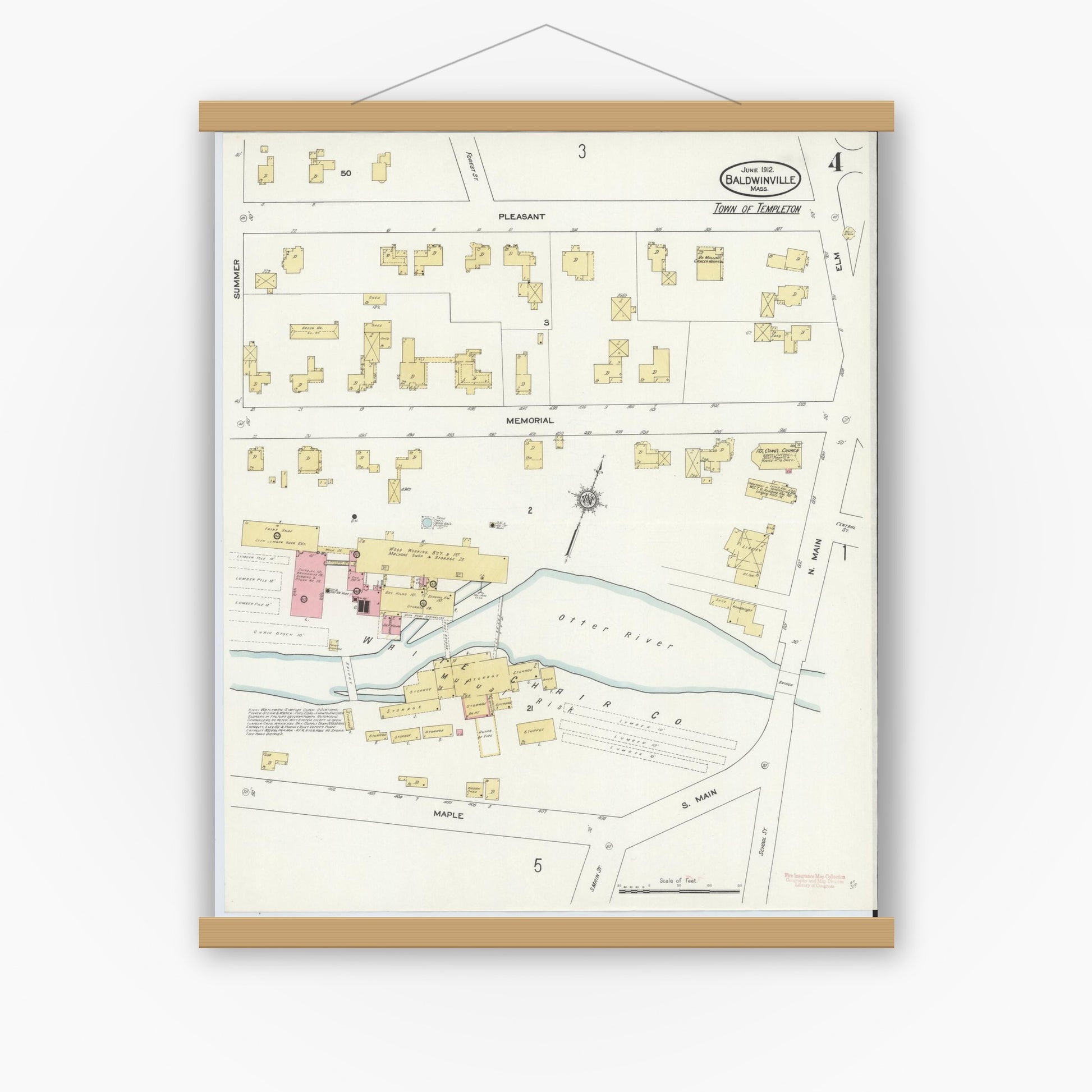 Old map wall art mockup — magnetic wood frame on white wall — Sanborn Fire Insurance Map from Baldwinville, Worcester County, Massachusetts (1912), Sheet #0004