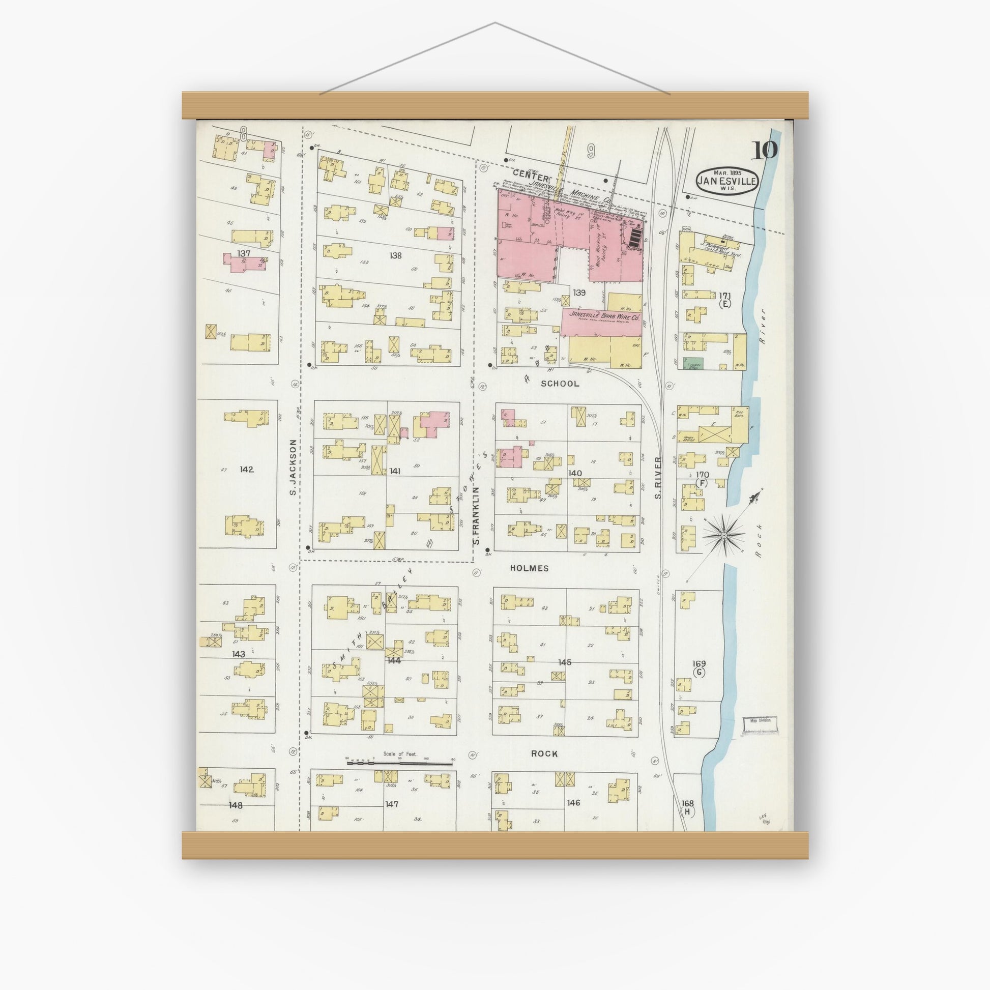 Old map wall art mockup — magnetic wood frame on white wall — Sanborn Fire Insurance Map from Janesville, Rock County, Wisconsin (1895), Sheet #0010