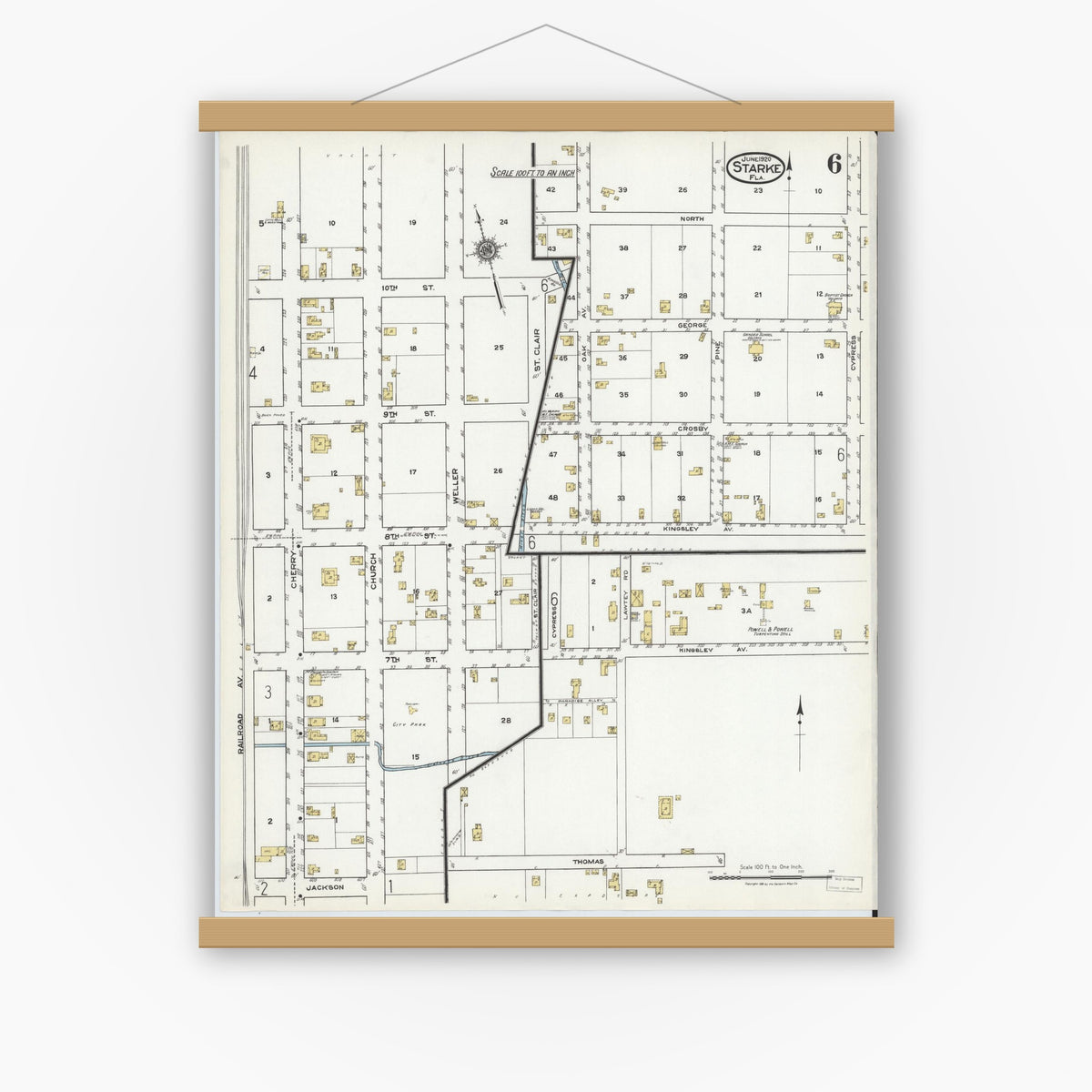 Old map wall art mockup — magnetic wood frame on white wall — Sanborn Fire Insurance Map from Starke, Bradford County, Florida (1920), Sheet #0006