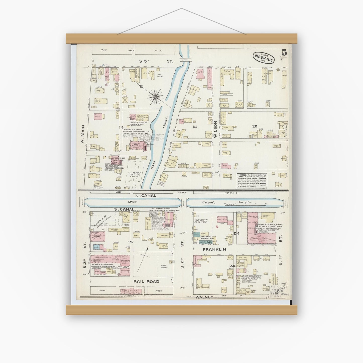Old map wall art mockup — magnetic wood frame on white wall — Sanborn Fire Insurance Map from Newark, Licking County, Ohio (1884), Sheet #0005