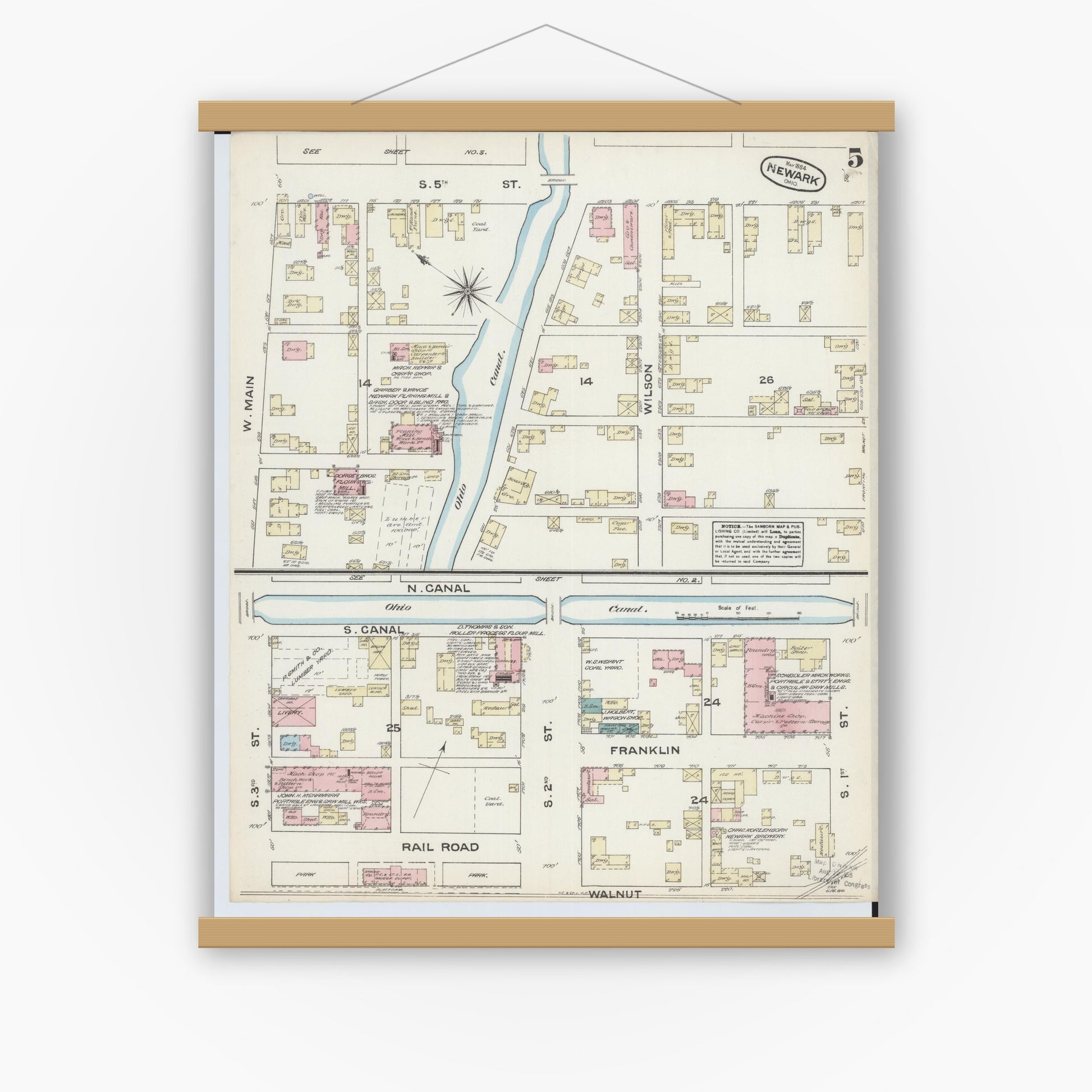 Old map wall art mockup — magnetic wood frame on white wall — Sanborn Fire Insurance Map from Newark, Licking County, Ohio (1884), Sheet #0005
