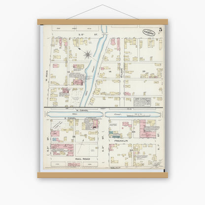 Old map wall art mockup — magnetic wood frame on white wall — Sanborn Fire Insurance Map from Newark, Licking County, Ohio (1884), Sheet #0005
