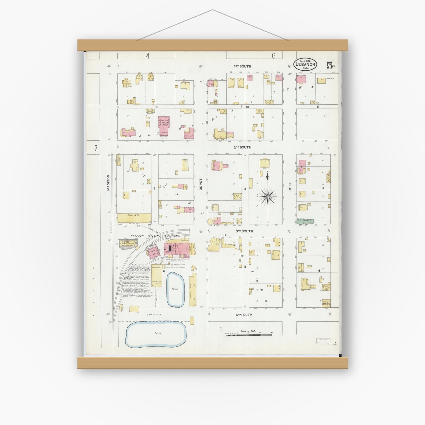 Old map wall art mockup — magnetic wood frame on white wall — Sanborn Fire Insurance Map from Lebanon, Saint Clair County, Illinois (1906), Sheet #0005