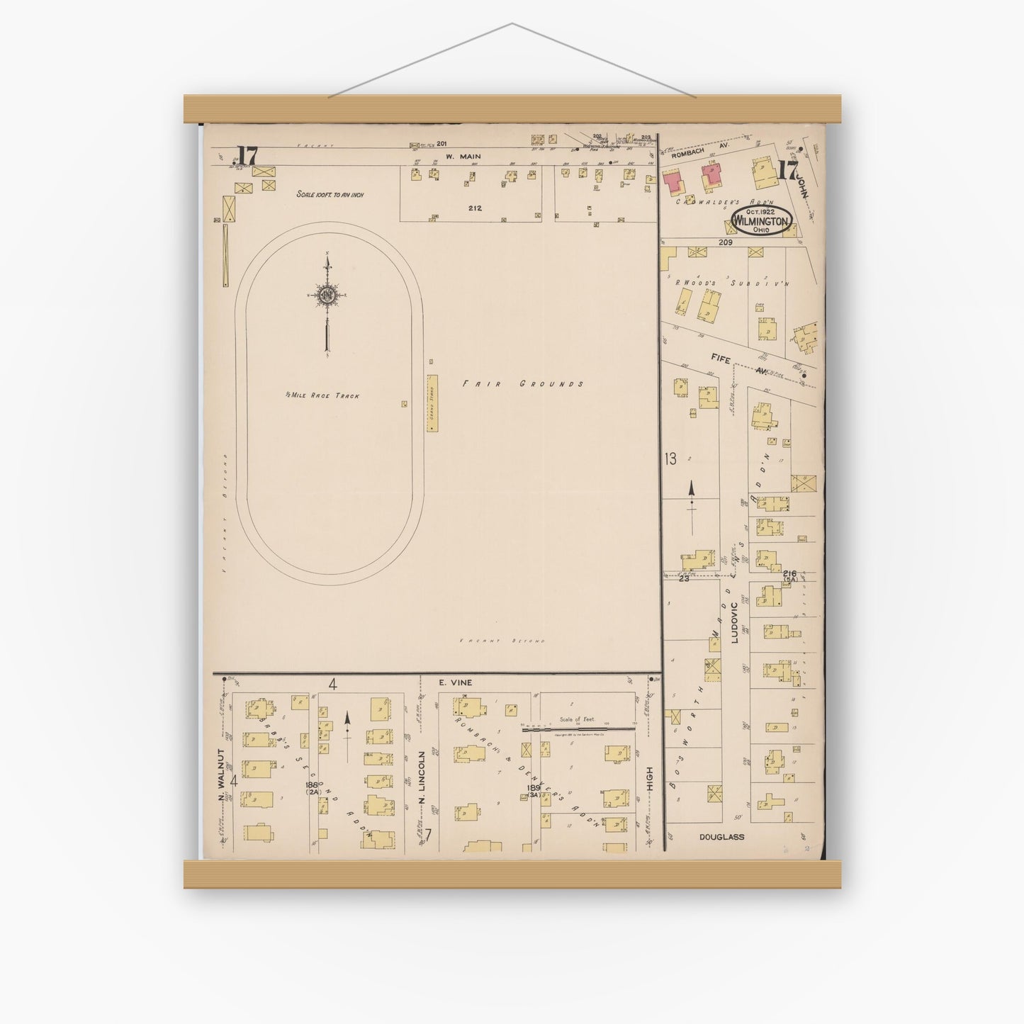 Old map wall art mockup — magnetic wood frame on white wall — Sanborn Fire Insurance Map from Wilmington, Clinton County, Ohio (1922), Sheet #0017