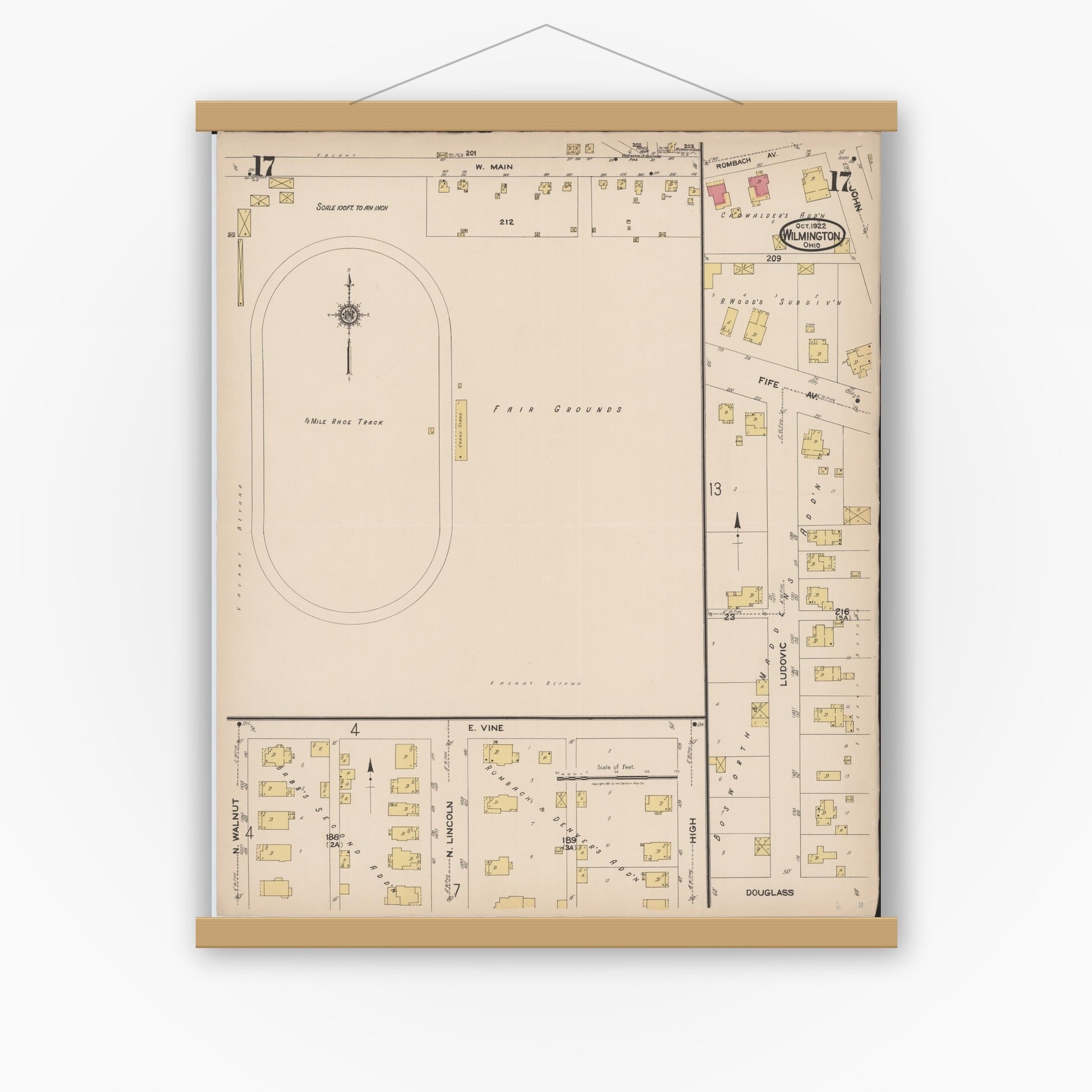 Old map wall art mockup — magnetic wood frame on white wall — Sanborn Fire Insurance Map from Wilmington, Clinton County, Ohio (1922), Sheet #0017