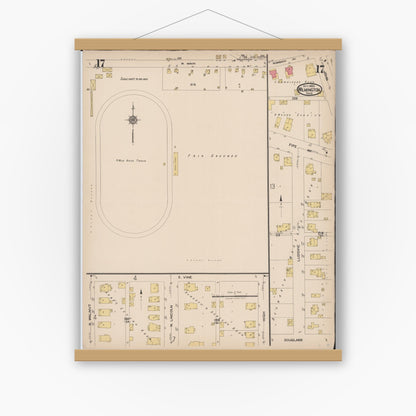 Old map wall art mockup — magnetic wood frame on white wall — Sanborn Fire Insurance Map from Wilmington, Clinton County, Ohio (1922), Sheet #0017