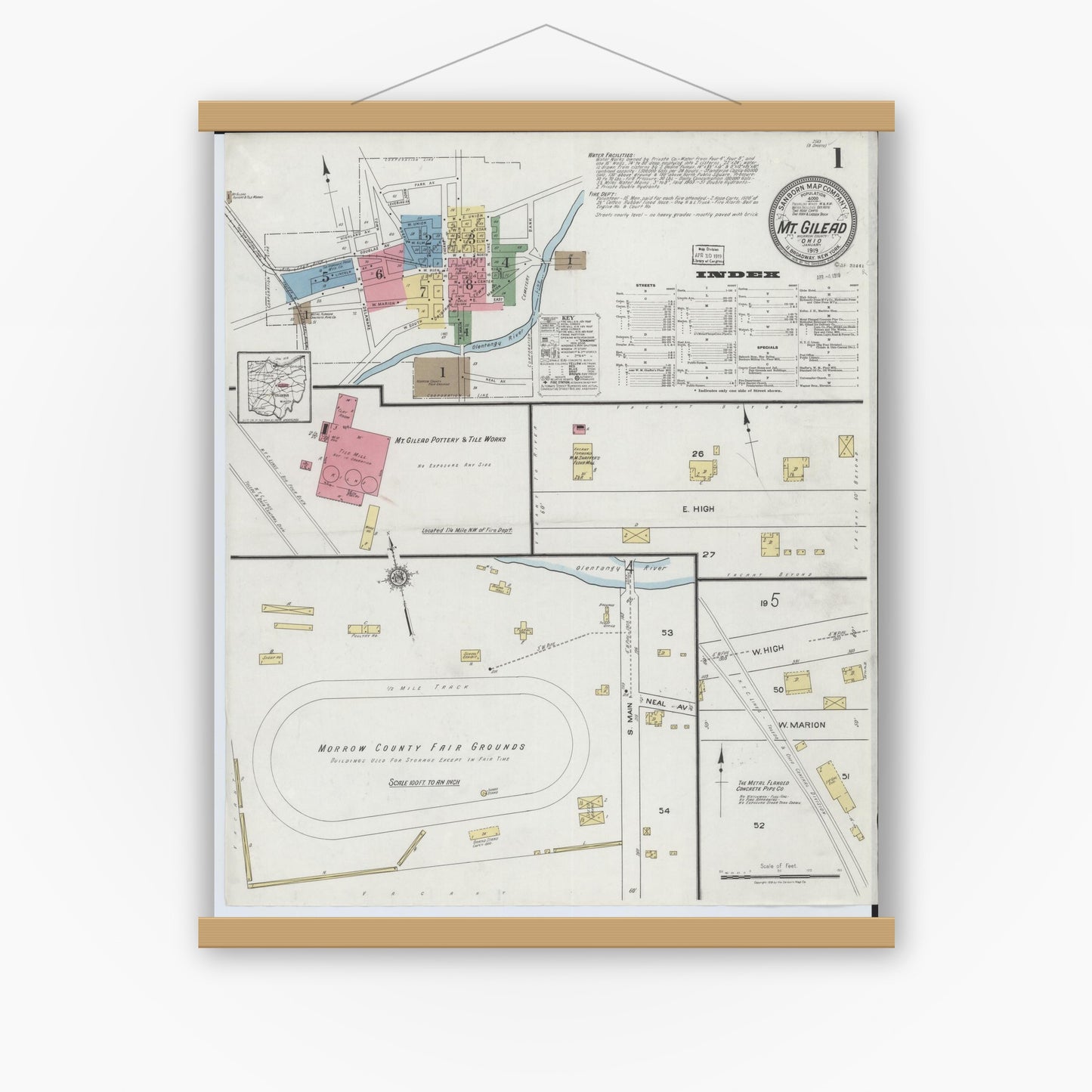 Old map wall art mockup — magnetic wood frame on white wall — Sanborn Fire Insurance Map from Mount Gilead, Morrow County, Ohio (1919) - Complete Map Set