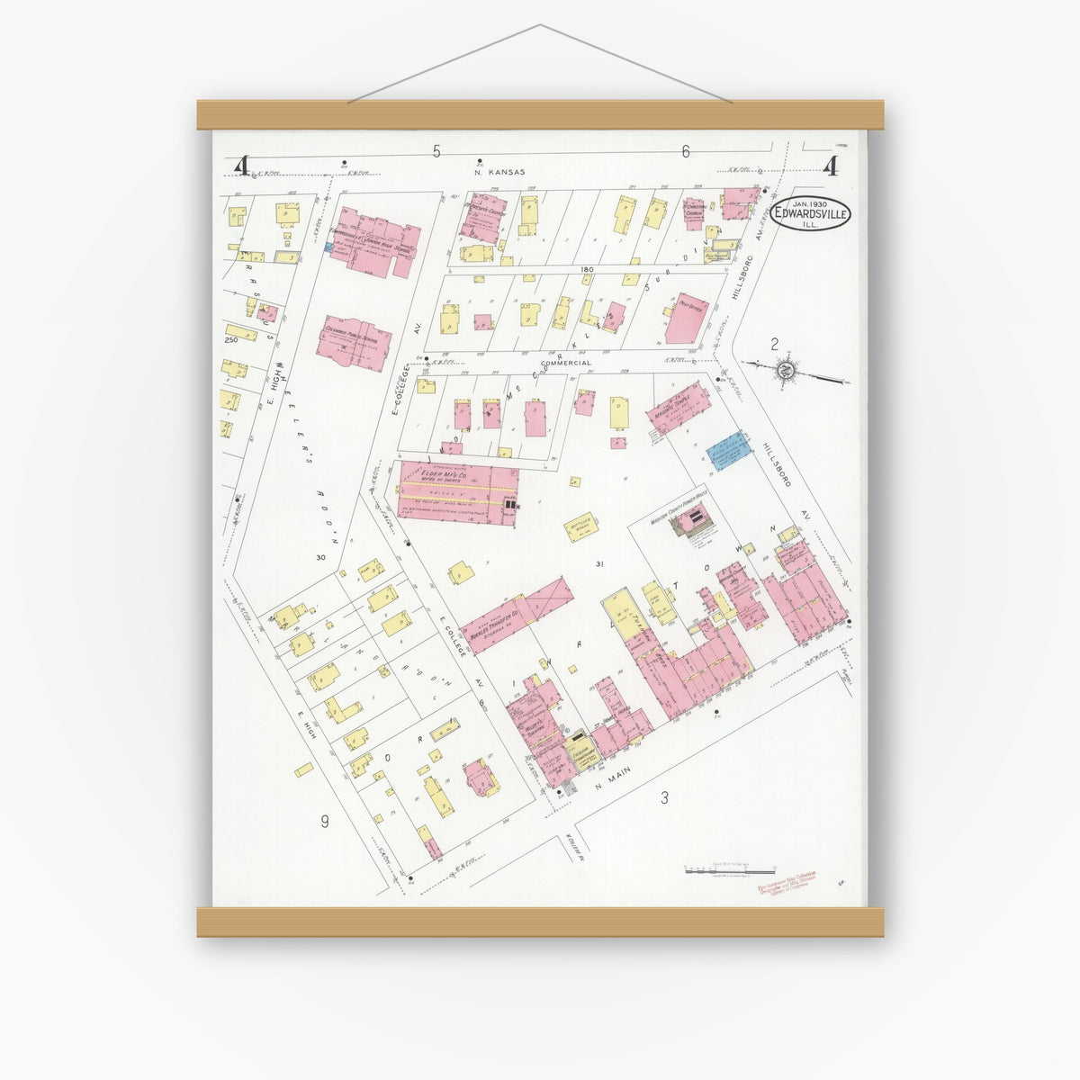 Old map wall art mockup — magnetic wood frame on white wall — Sanborn Fire Insurance Map from Edwardsville, Madison County, Illinois (1930), Sheet #0004