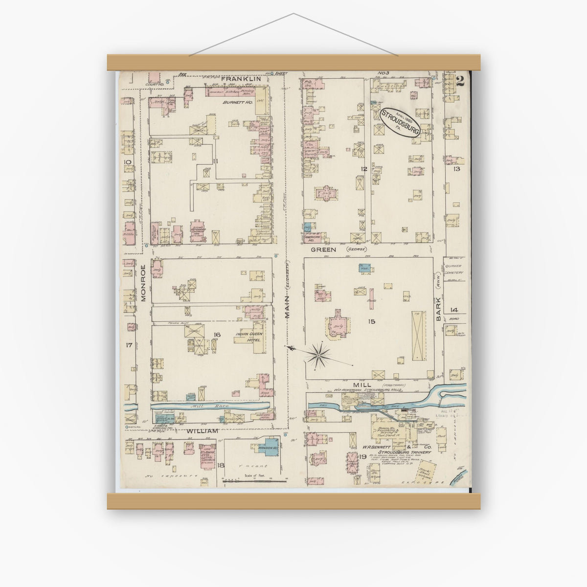 Old map wall art mockup — magnetic wood frame on white wall — Sanborn Fire Insurance Map from Stroudsburg, Monroe County, Pennsylvania (1885), Sheet #0002