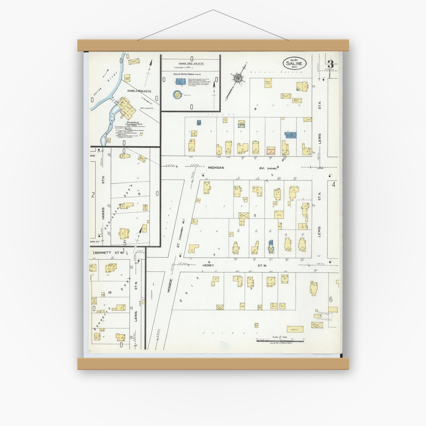 Old map wall art mockup — magnetic wood frame on white wall — Sanborn Fire Insurance Map from Saline, Washtenaw County, Michigan (1921), Sheet #0003
