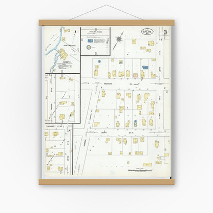 Old map wall art mockup — magnetic wood frame on white wall — Sanborn Fire Insurance Map from Saline, Washtenaw County, Michigan (1921), Sheet #0003