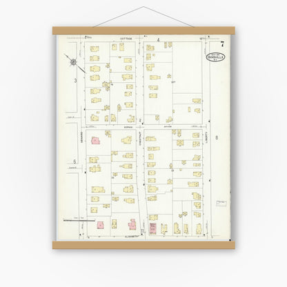 Old map wall art mockup — magnetic wood frame on white wall — Sanborn Fire Insurance Map from Dansville, Livingston County, New York (1914), Sheet #0007