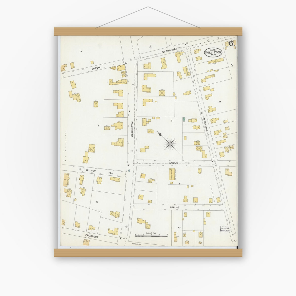 Old map wall art mockup — magnetic wood frame on white wall — Sanborn Fire Insurance Map from Holliston, Middlesex County, Massachusetts (1906), Sheet #0006