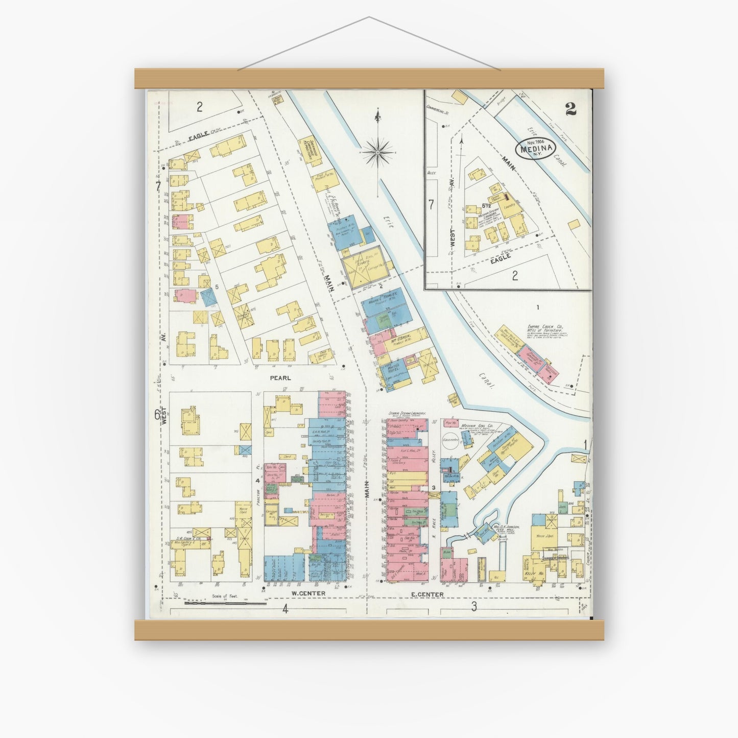 Old map wall art mockup — magnetic wood frame on white wall — Sanborn Fire Insurance Map from Medina, Orleans County, New York (1904), Sheet #0002