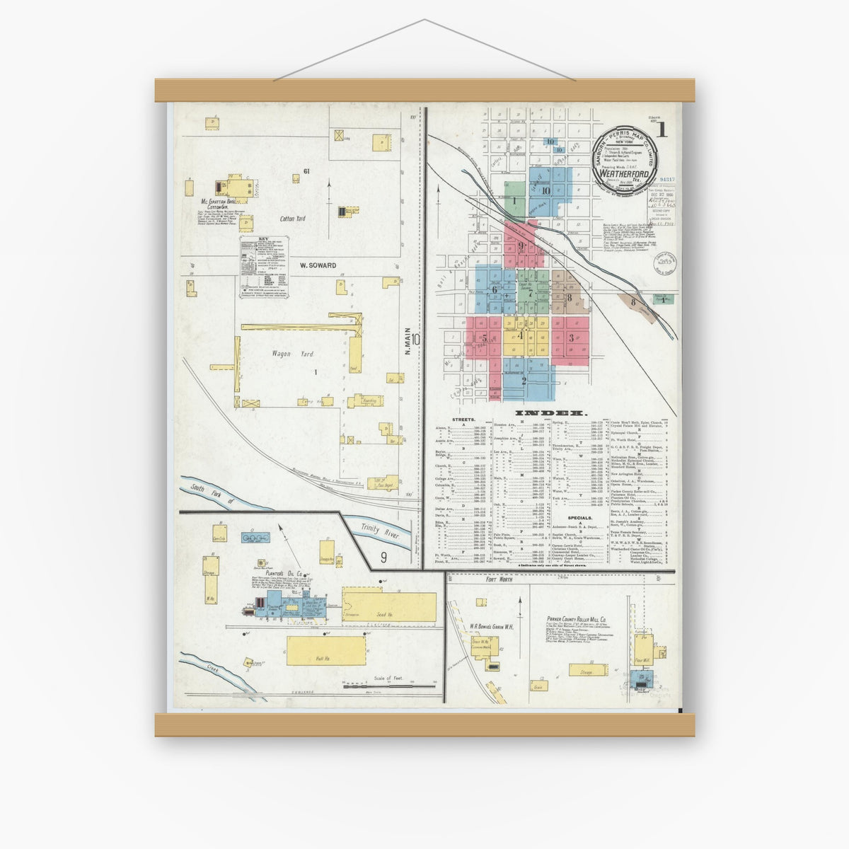 Old map wall art mockup — magnetic wood frame on white wall — Sanborn Fire Insurance Map from Weatherford, Parker County, Texas (1900) - Complete Map Set
