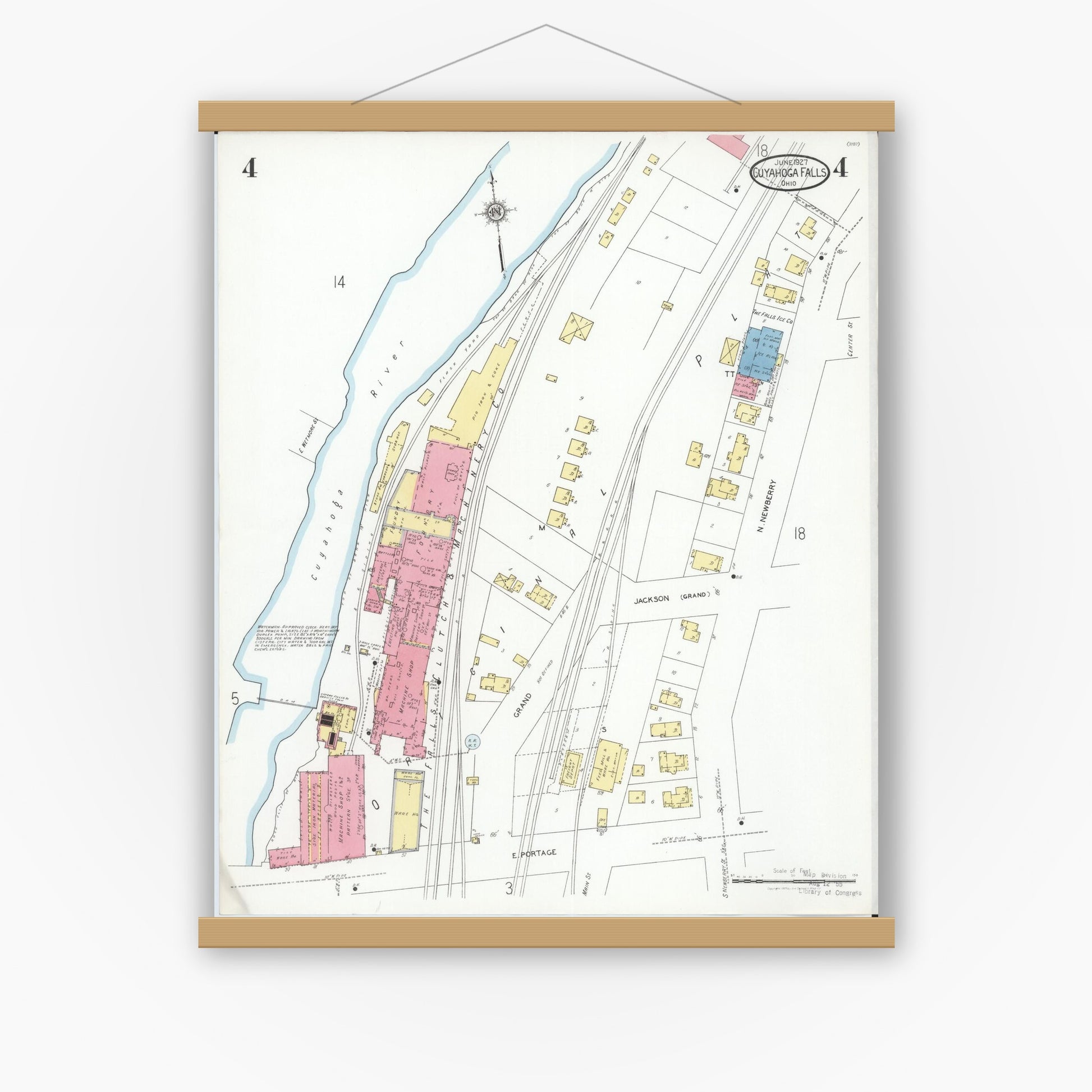 Old map wall art mockup — magnetic wood frame on white wall — Sanborn Fire Insurance Map from Cuyahoga Falls, Summit County, Ohio (1927), Sheet #0004