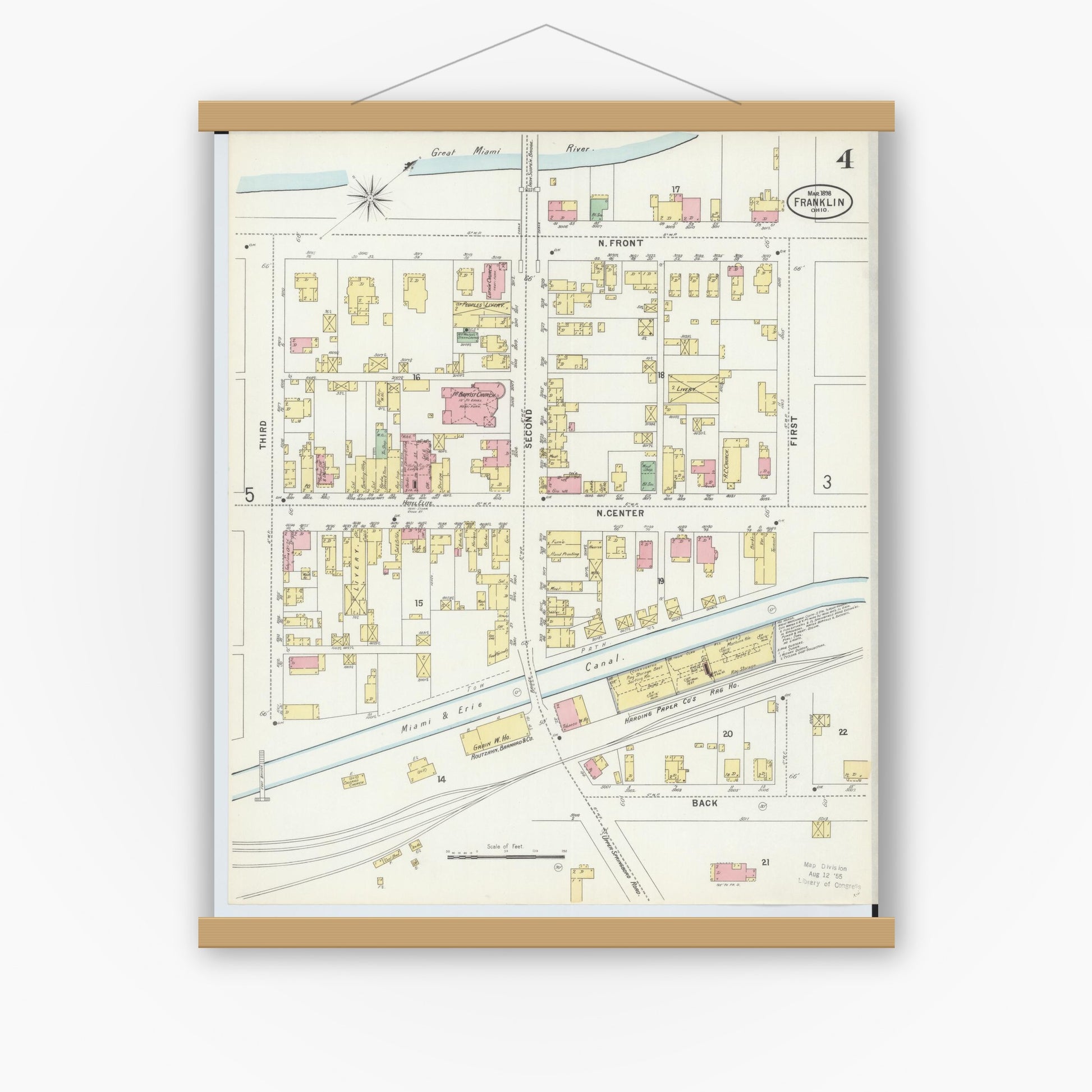 Old map wall art mockup — magnetic wood frame on white wall — Sanborn Fire Insurance Map from Franklin, Warren County, Ohio (1898), Sheet #0004