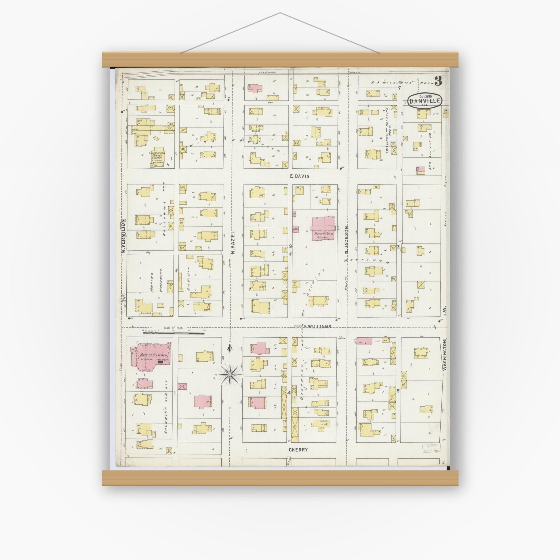 Old map wall art mockup — magnetic wood frame on white wall — Sanborn Fire Insurance Map from Danville, Vermilion County, Illinois (1895), Sheet #0003