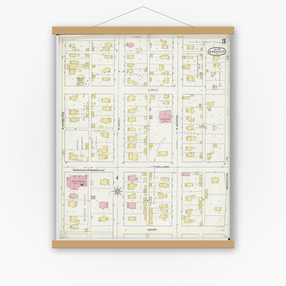 Old map wall art mockup — magnetic wood frame on white wall — Sanborn Fire Insurance Map from Danville, Vermilion County, Illinois (1895), Sheet #0003