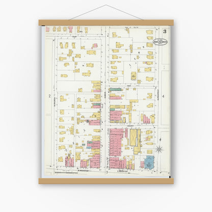 Old map wall art mockup — magnetic wood frame on white wall — Sanborn Fire Insurance Map from Bowling Green, Wood County, Ohio (1900), Sheet #0003