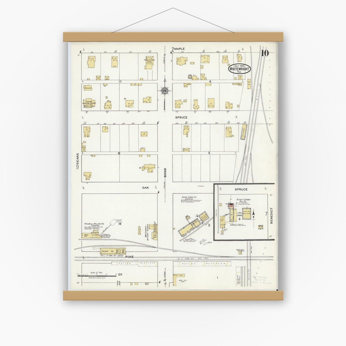 Old map wall art mockup — magnetic wood frame on white wall — Sanborn Fire Insurance Map from Whitewright, Grayson County, Texas (1920), Sheet #0010