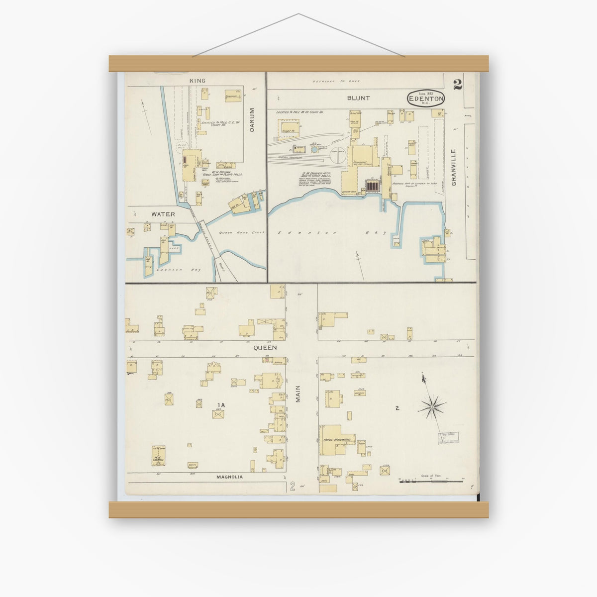 Old map wall art mockup — magnetic wood frame on white wall — Sanborn Fire Insurance Map from Edenton, Chowan County, North Carolina (1893), Sheet #0002