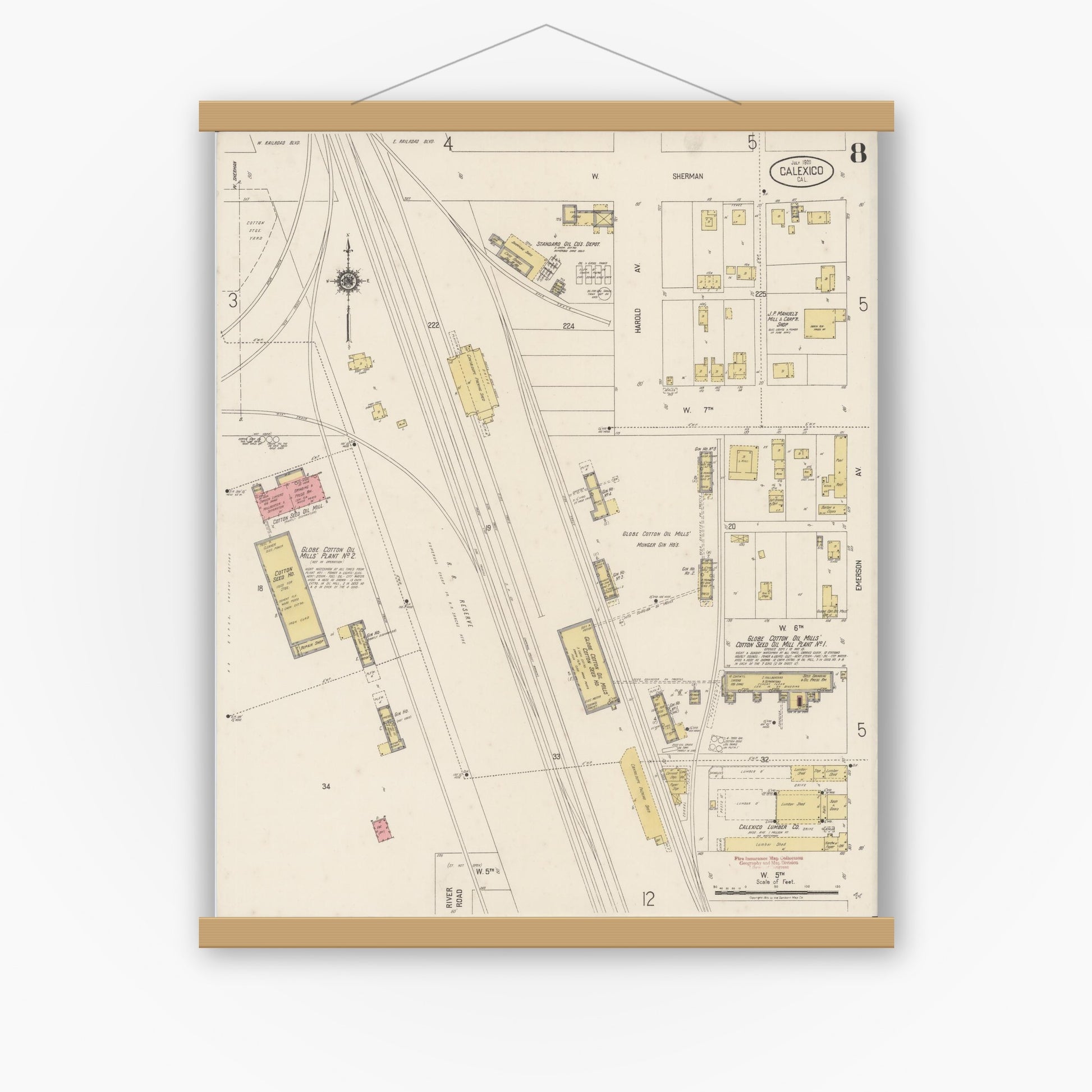 Old map wall art mockup — magnetic wood frame on white wall — Sanborn Fire Insurance Map from Calexico, Imperial County, California (1920), Sheet #0008