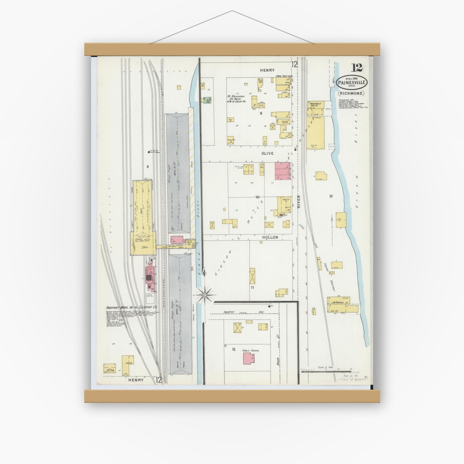 Old map wall art mockup — magnetic wood frame on white wall — Sanborn Fire Insurance Map from Painesville, Lake County, Ohio (1898), Sheet #0012