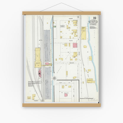 Old map wall art mockup — magnetic wood frame on white wall — Sanborn Fire Insurance Map from Painesville, Lake County, Ohio (1898), Sheet #0012