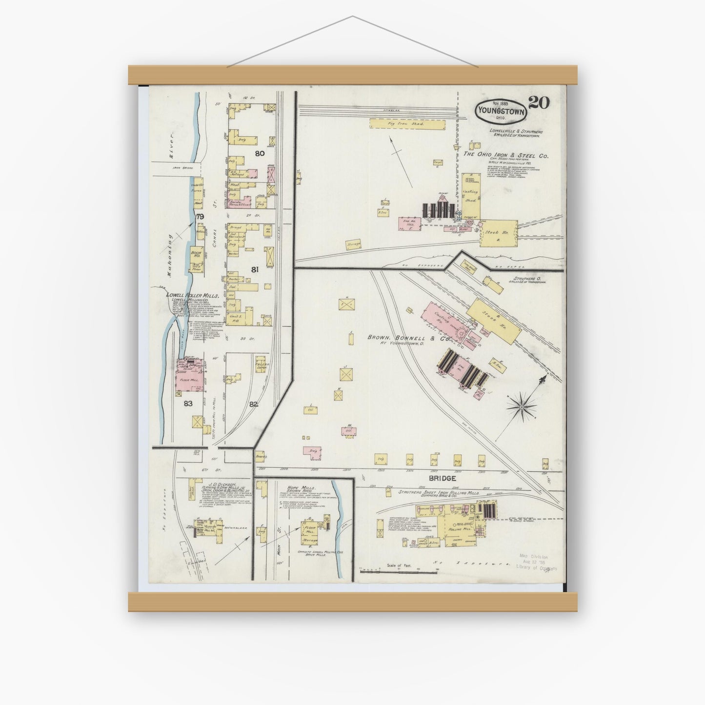 Old map wall art mockup — magnetic wood frame on white wall — Sanborn Fire Insurance Map from Youngstown, Mahoning County, Ohio (1889), Sheet #0020