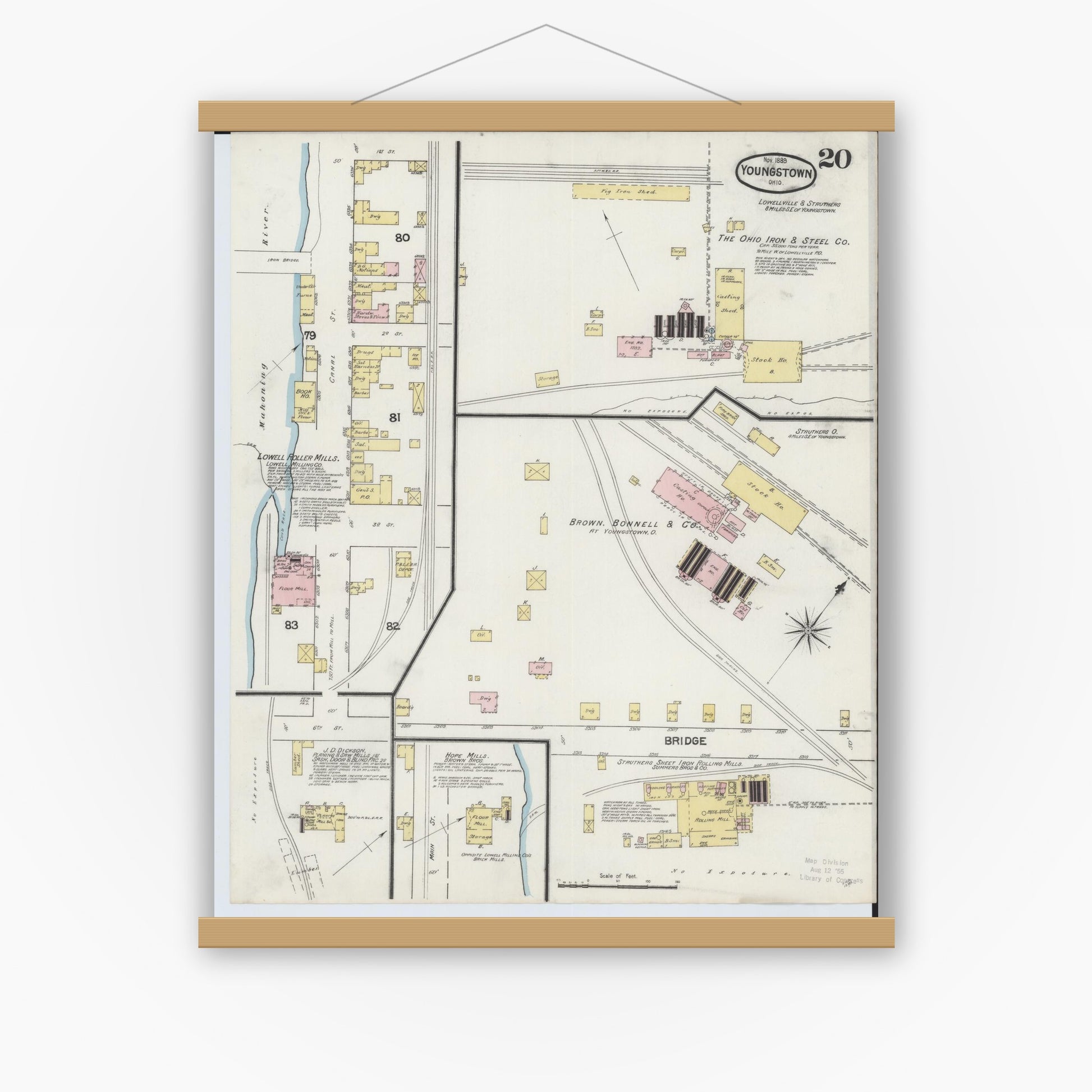 Old map wall art mockup — magnetic wood frame on white wall — Sanborn Fire Insurance Map from Youngstown, Mahoning County, Ohio (1889), Sheet #0020